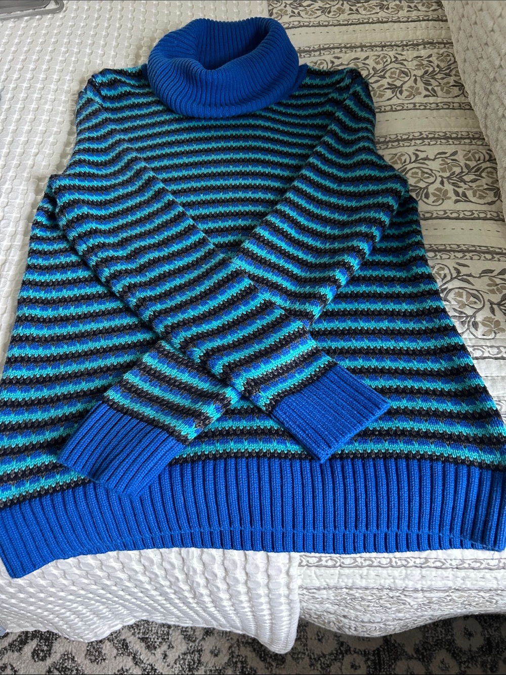 Talbots Blue & Teal Striped Cowl Neck Sweater